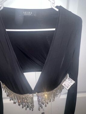 AKIRA Black Deep V Long Sleeve Crop Top with Rhinestone Fringe